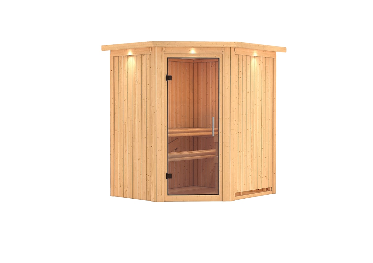 Karibu Sauna Taurin mit Eckeinstieg 68 mm -Ohne Ofen-Inkl. Dachkranz-Klarglas Ganzglastür von Karibu