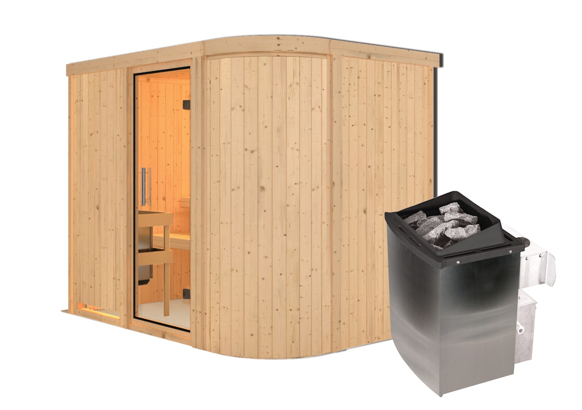 Karibu Sauna Titania 4 mit Fronteinstieg 68 mm - 9 kW Ofen integr. Steuerung-Klarglas Ganzglastür inkl. 9-teiligem gratis Zubehörpaket (Gesamtwert 271,91€) von Karibu