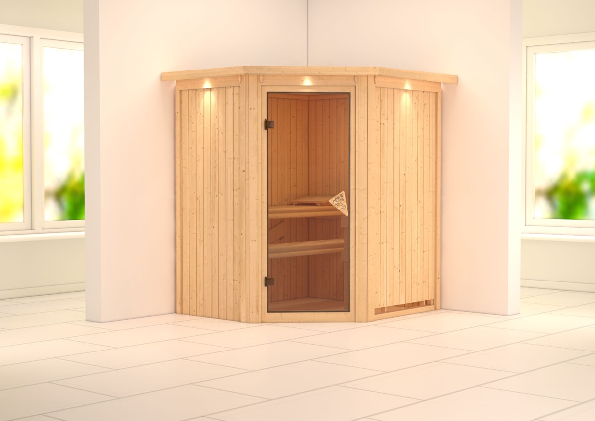 Karibu Sauna Tonja - 68 mm Systemsauna - 230 Volt Plug & Play-Ohne Ofen-inkl. Dachkranz von Karibu