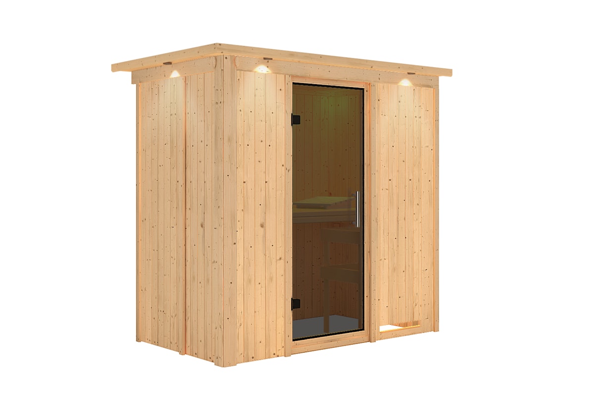 Karibu Sauna Variado mit Fronteinstieg 68 mm - Ohne Ofen-Ganzglastür in Graphit-Optik-Inkl. Dachkranz von Karibu
