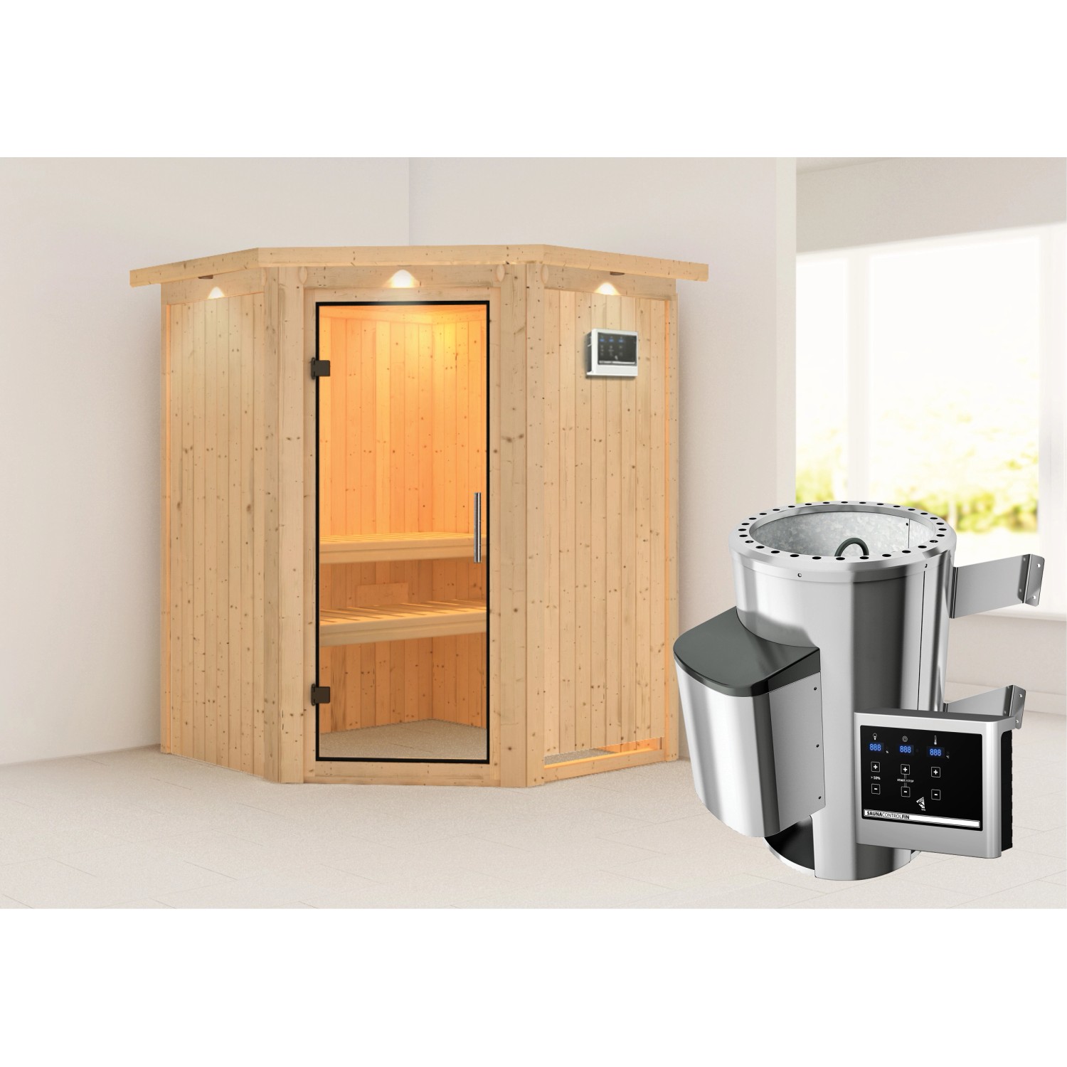 Karibu Sauna mit Ofen externe Stg.Easy LED-Dachkranz Natur Karibu Sauna mit Ofen externe Stg.Easy LED-Dachkranz Natur von Karibu