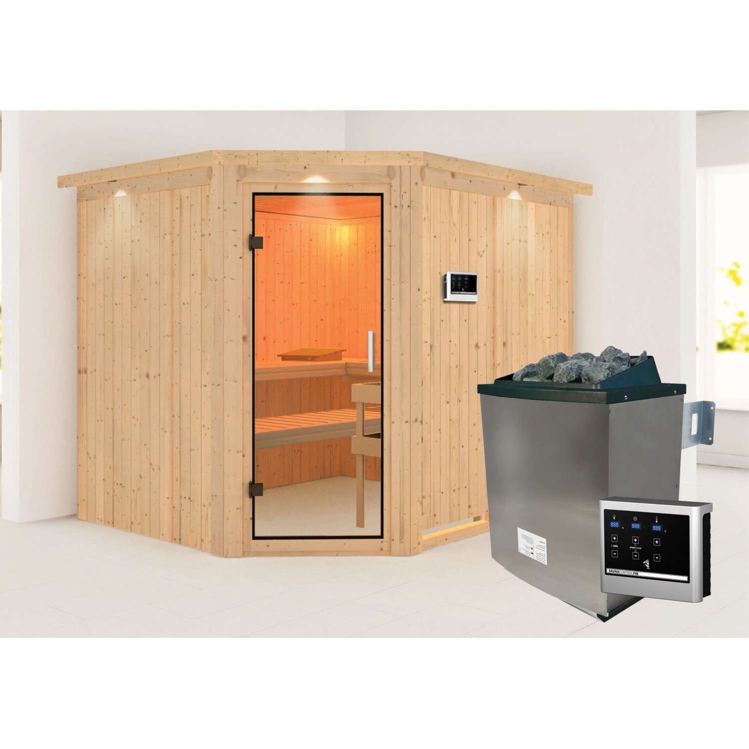 Karibu Sauna mit Ofen externe Stg.Easy LED-Dachkranz Natur von Karibu