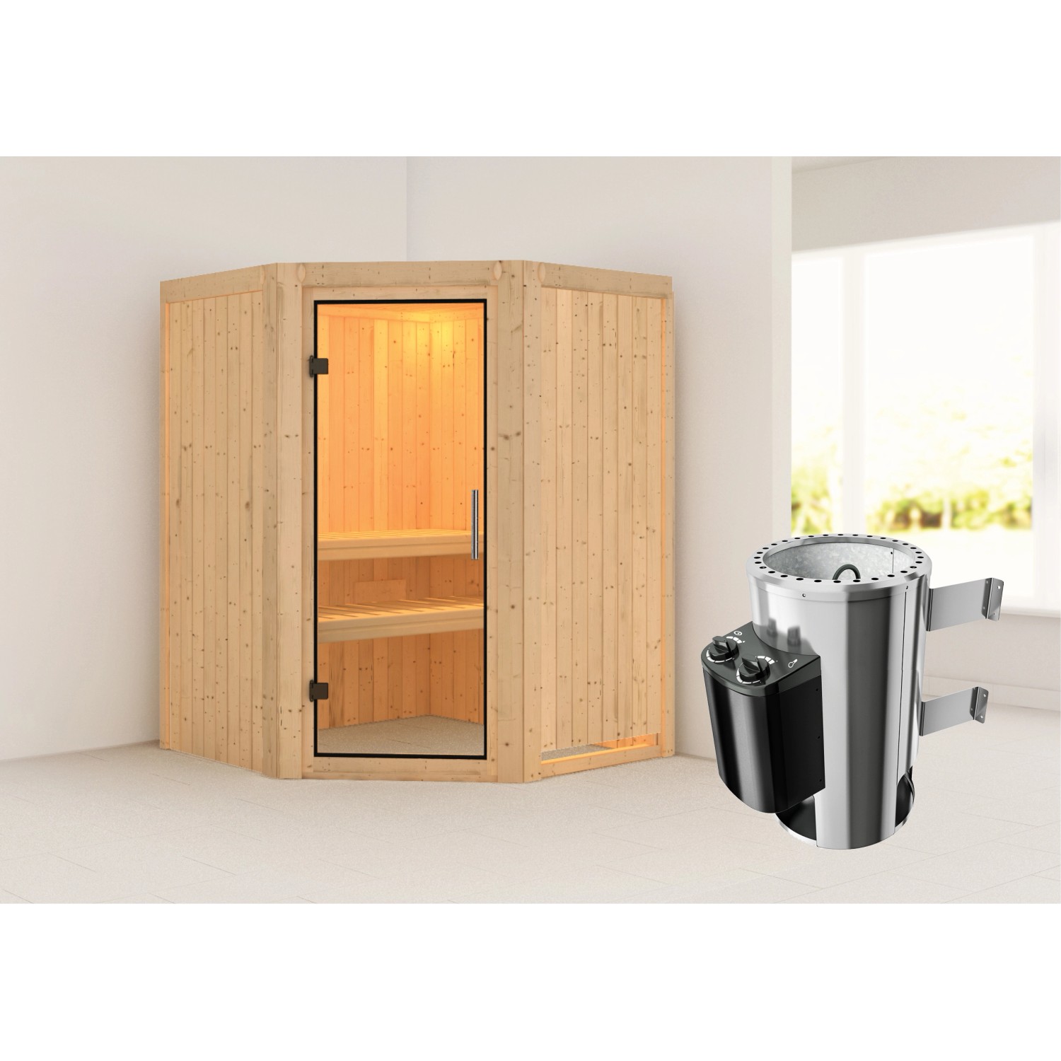 Karibu Sauna mit Ofen integrierte Stg.Natur Karibu Sauna mit Ofen integrierte Stg.Natur von Karibu