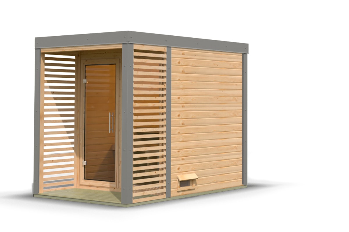 Karibu Saunahaus Ares 1 - Hybridhaus mit Metallrahmen - 38 mm Holz-Ausführung: naturbelassen Blech-Ausführung: graualuminium Ohne Ofen Karibu Saunahaus Ares 1 - Hybridhaus mit Metallrahmen - 38 mm Holz-Ausführung: naturbelassen Blech-Ausführung: graualuminium Ohne Ofen von Karibu