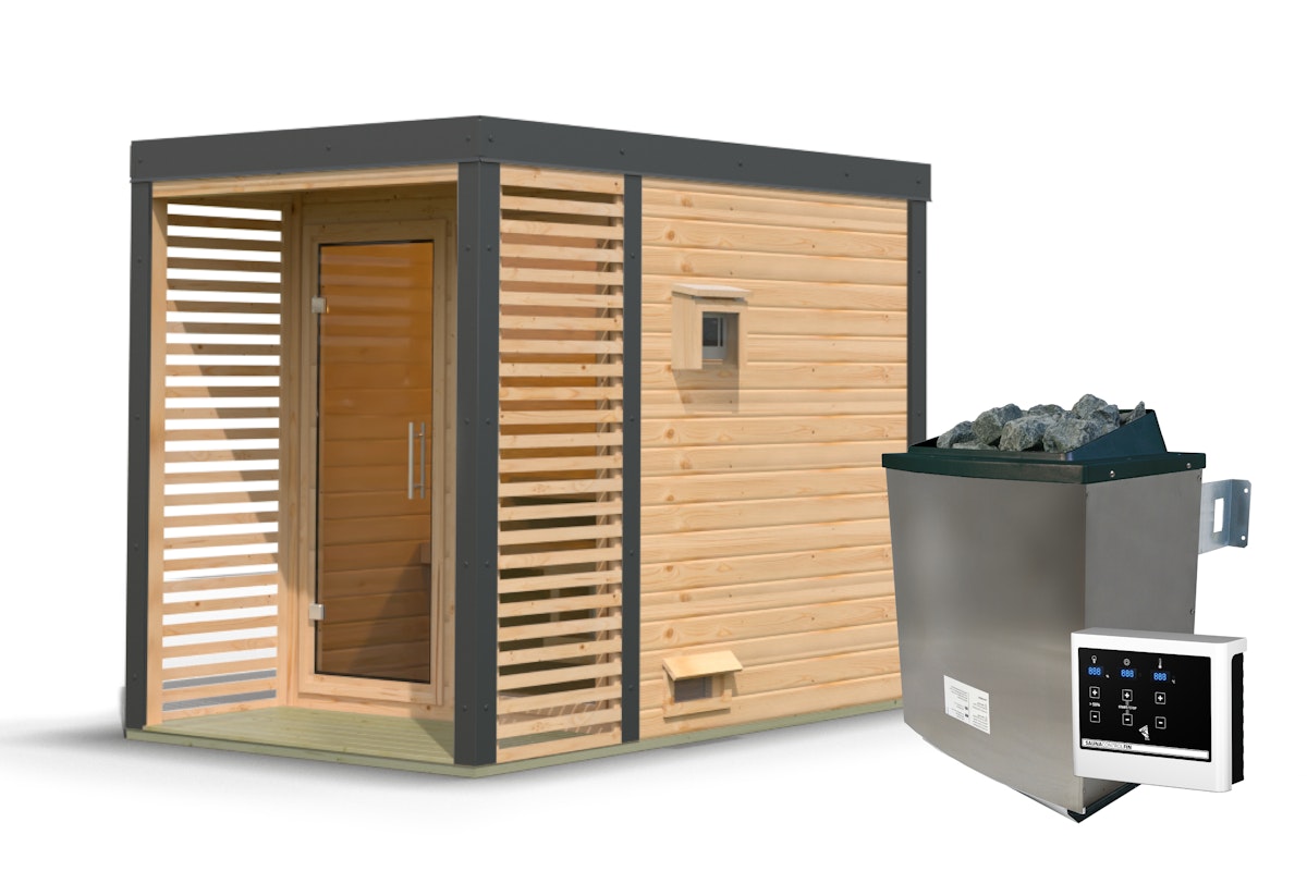 Karibu Saunahaus Ares 1 - Hybridhaus mit Metallrahmen - 38 mm Holz-Ausführung: naturbelassen Blech-Ausführung: anthrazit 9 kW Ofen inkl. Steuergerät Karibu Saunahaus Ares 1 - Hybridhaus mit Metallrahmen - 38 mm Holz-Ausführung: naturbelassen Blech-Ausführung: anthrazit 9 kW Ofen inkl. Steuergerät von Karibu