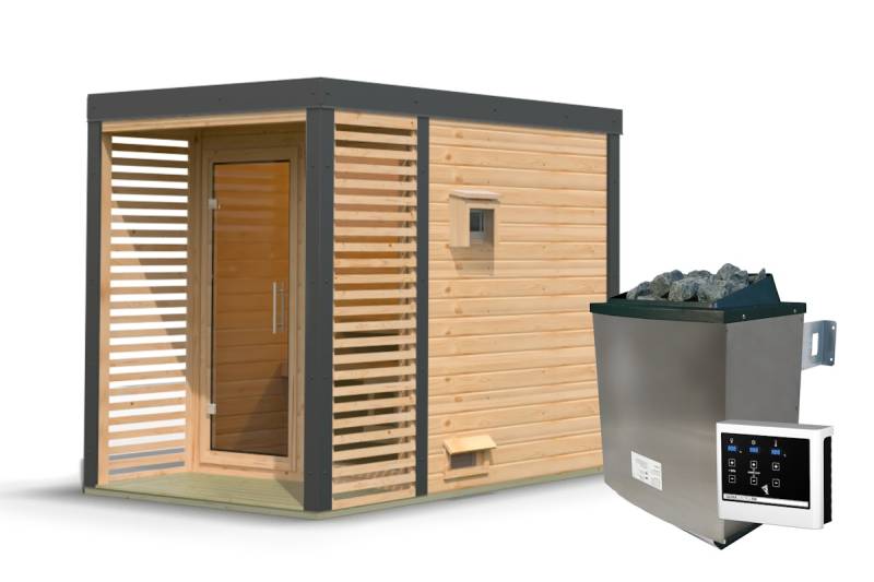 Karibu Saunahaus Ares 1 - Hybridhaus mit Metallrahmen - 38 mm Holz-Ausführung: naturbelassen Blech-Ausführung: anthrazit 9 kW Ofen inkl. Steuergerät von Karibu