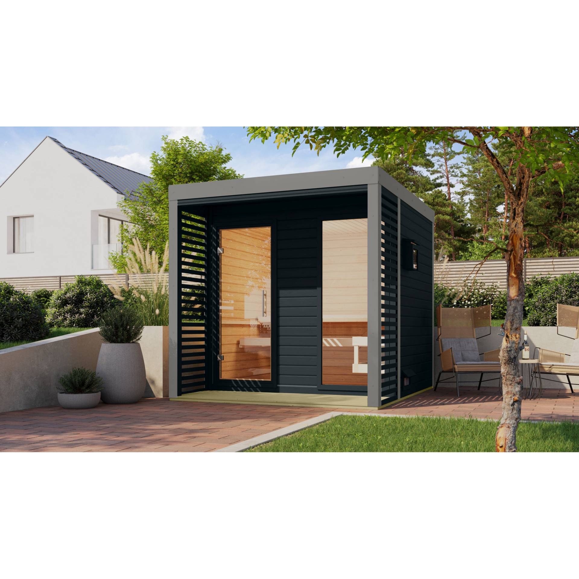 Karibu Saunahaus 'Aressa 2' anthrazit / graualuminium Ofen 9 kW Bio externe Steuerung 231 x 231,5 x 276 cm Karibu Saunahaus 'Aressa 2' anthrazit / graualuminium Ofen 9 kW Bio externe Steuerung 231 x 231,5 x 276 cm von Karibu