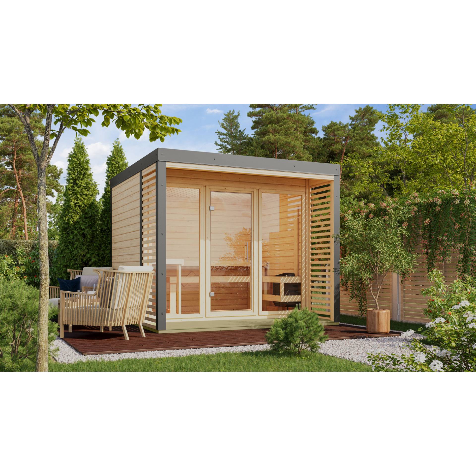 Karibu Saunahaus 'Aressa 3' naturbelassen / graualuminium Ofen 9 kW externe Steuerung 276 x 231,5 x 276 cm Karibu Saunahaus 'Aressa 3' naturbelassen / graualuminium Ofen 9 kW externe Steuerung 276 x 231,5 x 276 cm von Karibu