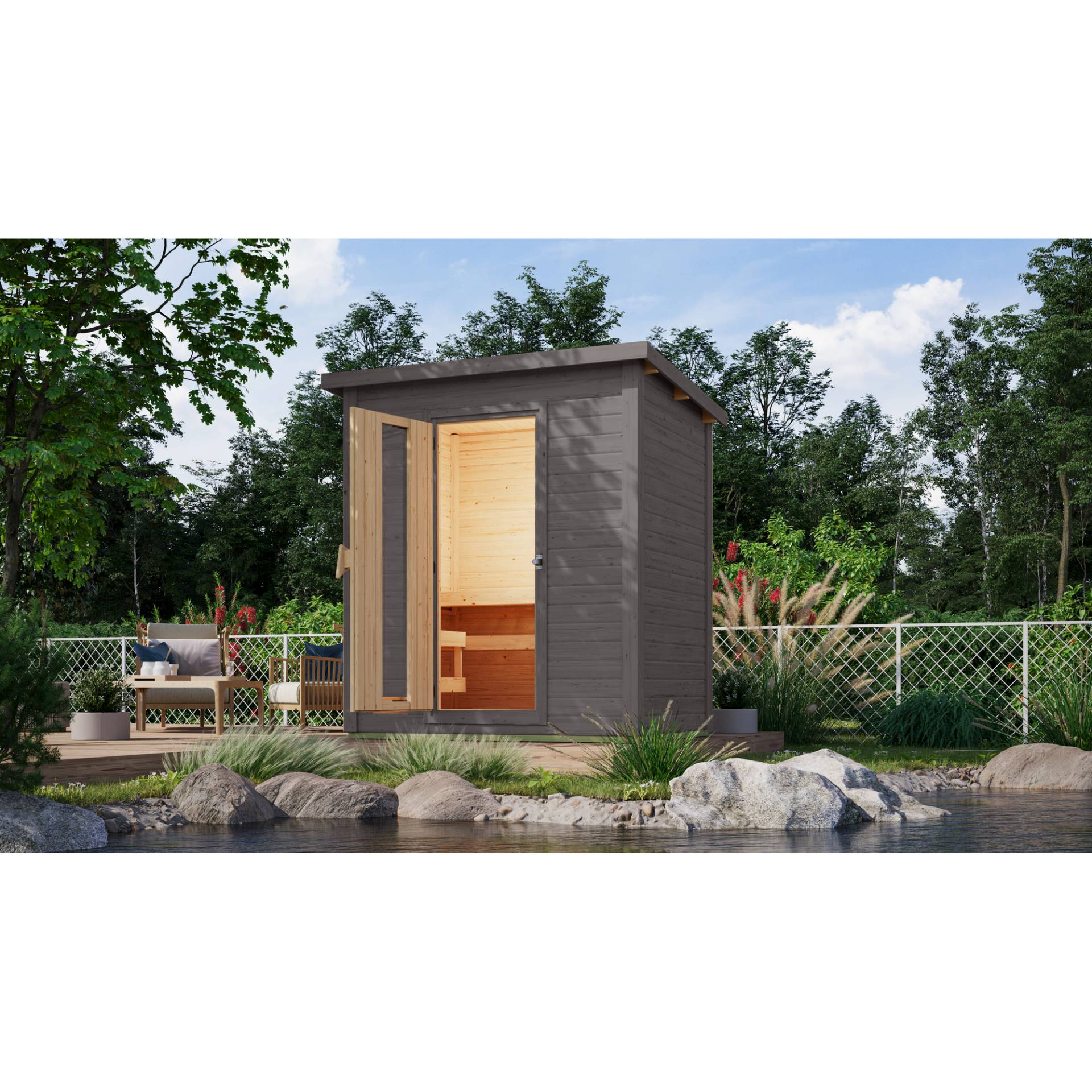 Karibu Saunahaus 'Bosco 1' terragrau 9 kW Ofen integrierte Steuerung 196 x 146 x 228 cm Karibu Saunahaus 'Bosco 1' terragrau 9 kW Ofen integrierte Steuerung 196 x 146 x 228 cm von Karibu