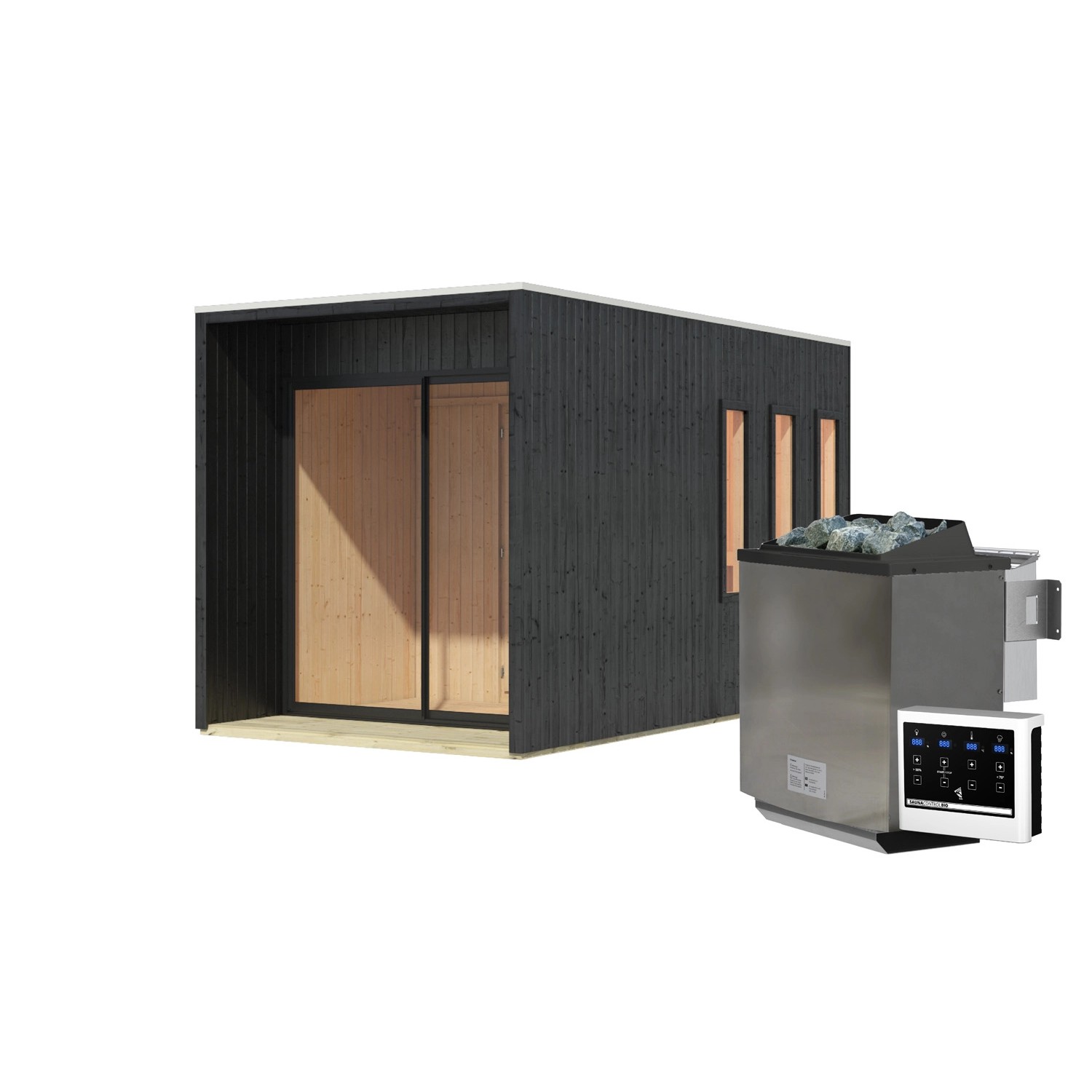 Karibu Saunahaus Cancun Set Schwarz mit Ofen 9 kW Bio ext. Steuerung Karibu Saunahaus Cancun Set Schwarz mit Ofen 9 kW Bio ext. Steuerung von Karibu