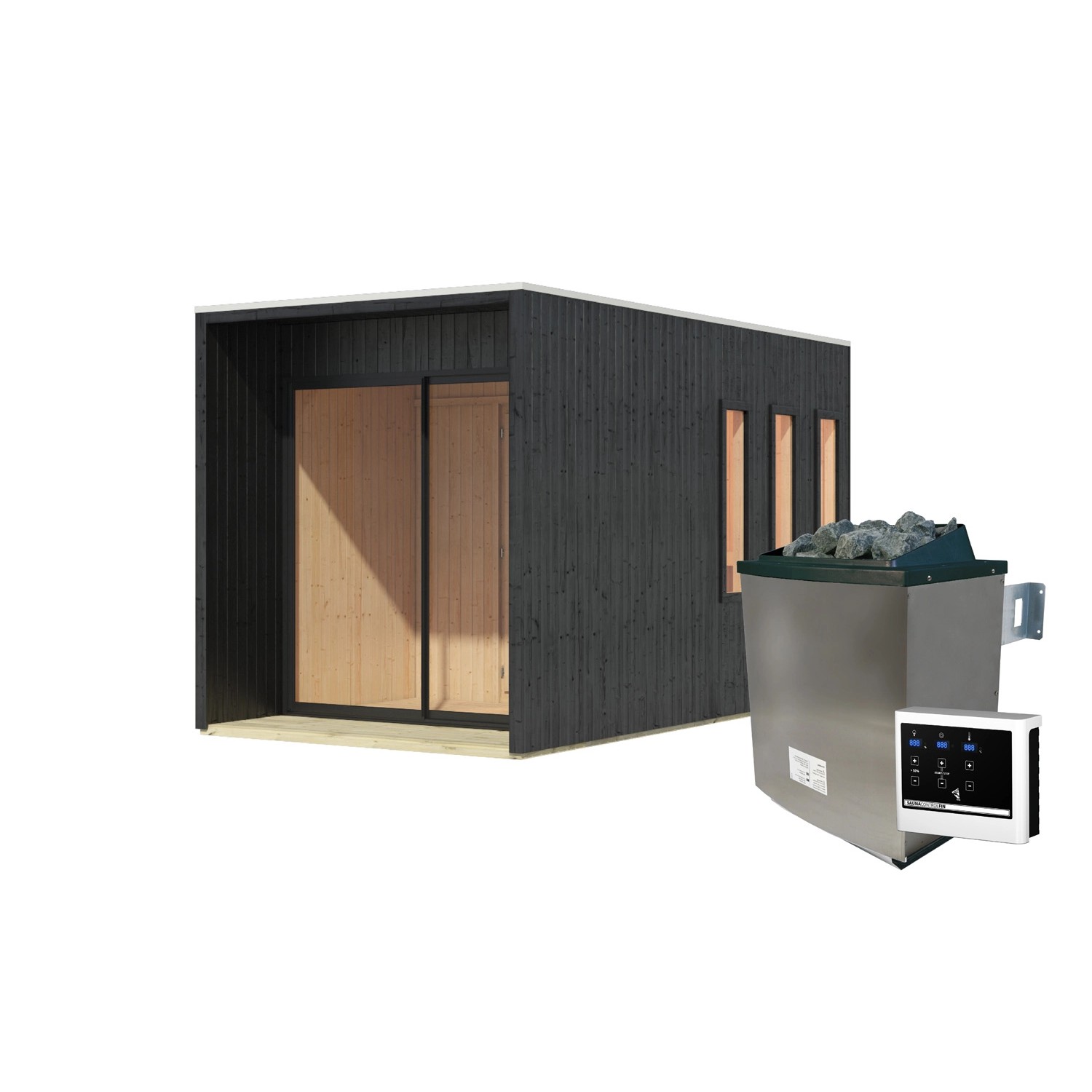 Karibu Saunahaus Cancun Set Schwarz mit Ofen 9 kW extr. Steuerung Karibu Saunahaus Cancun Set Schwarz mit Ofen 9 kW extr. Steuerung von Karibu