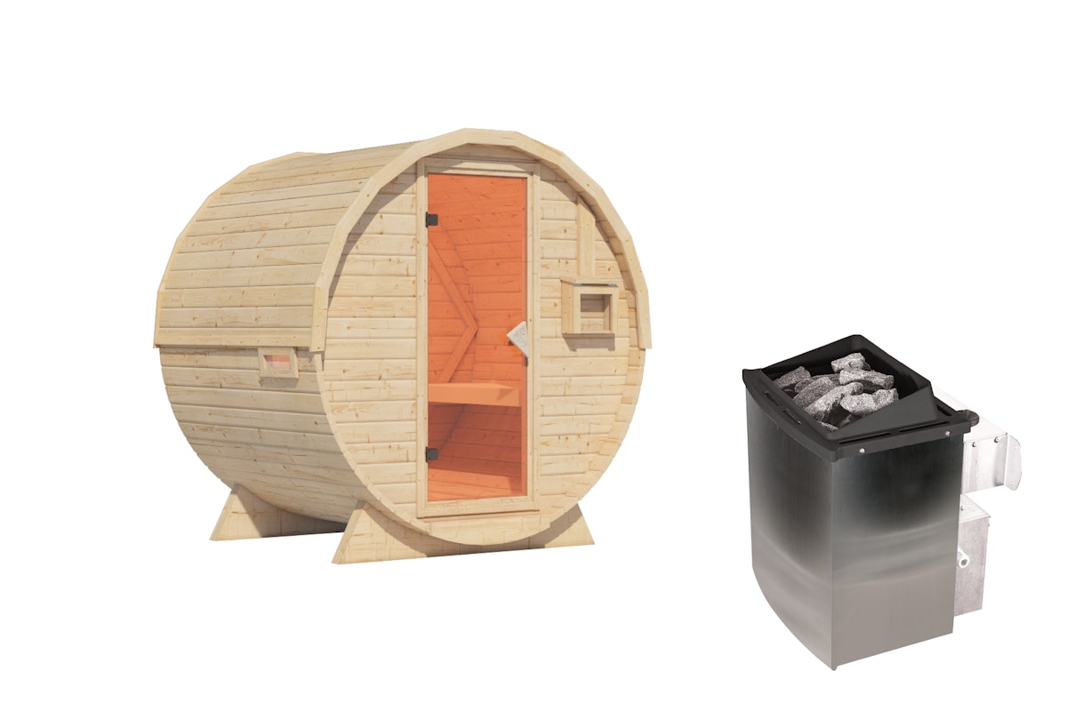 Karibu Saunahaus Fasssauna 1 - 42 mm 9 kW Ofen integr. Steuerung Karibu Saunahaus Fasssauna 1 - 42 mm 9 kW Ofen integr. Steuerung von Karibu