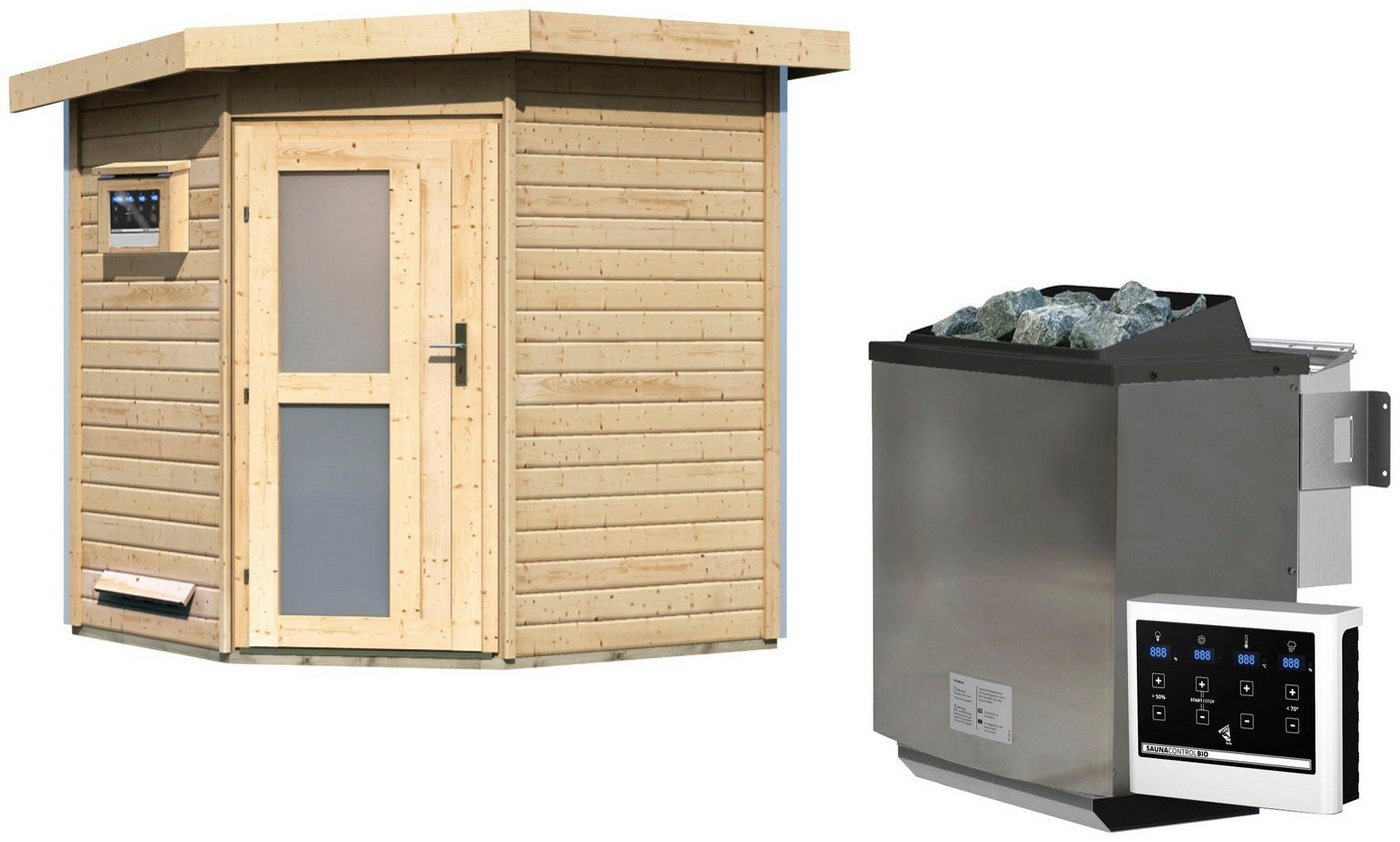 Karibu Saunahaus Fiete, BxTxH: 196 x 196 x 226 cm, 38 mm, (Set) Milchglastür, Ofen 9 kW Bio externe Strg easy von Karibu