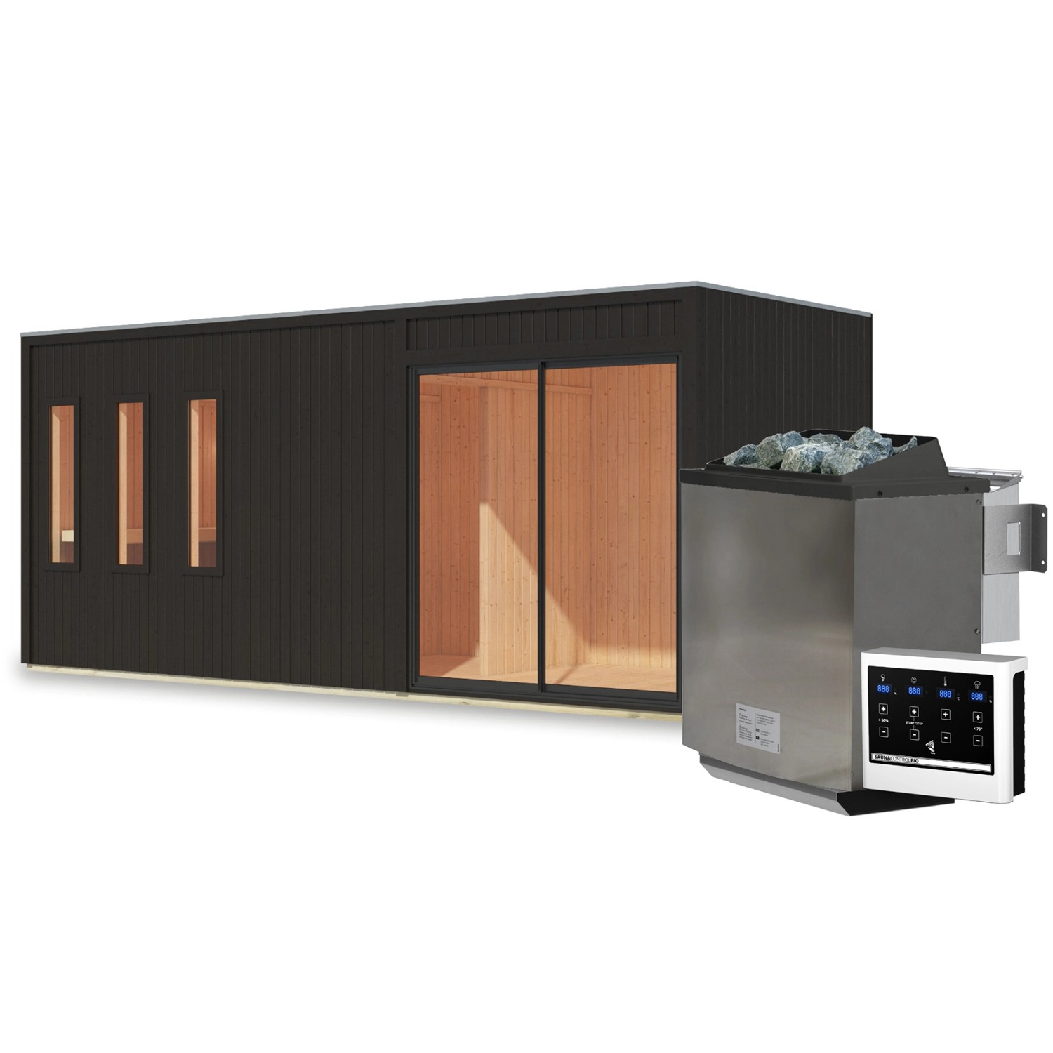 Karibu Saunahaus Huelva mit Ofen 9 kW Bio Extern Schwarz Karibu Saunahaus Huelva mit Ofen 9 kW Bio Extern Schwarz von Karibu