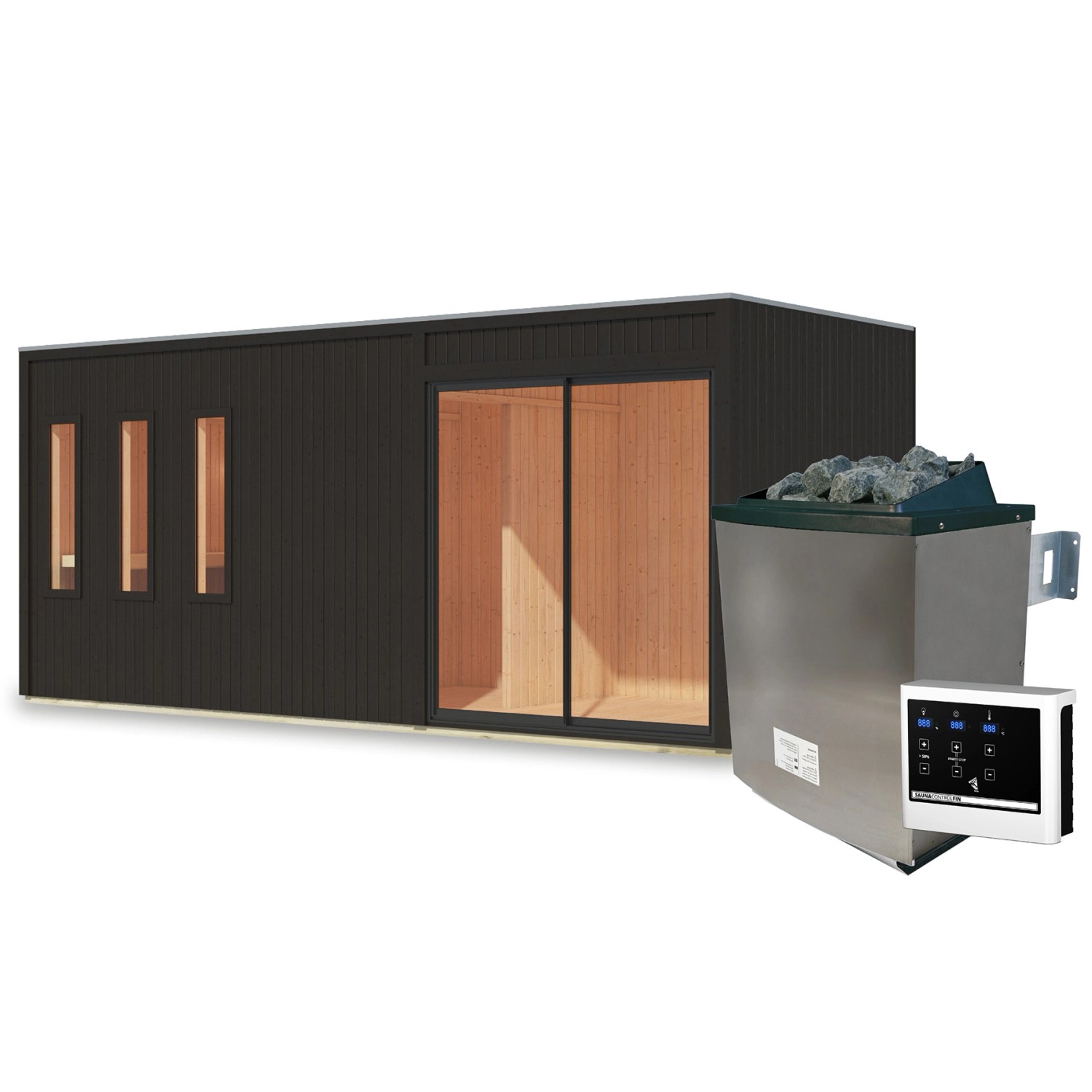Karibu Saunahaus Huelva mit Ofen 9 kW Extern Schwarz Karibu Saunahaus Huelva mit Ofen 9 kW Extern Schwarz von Karibu