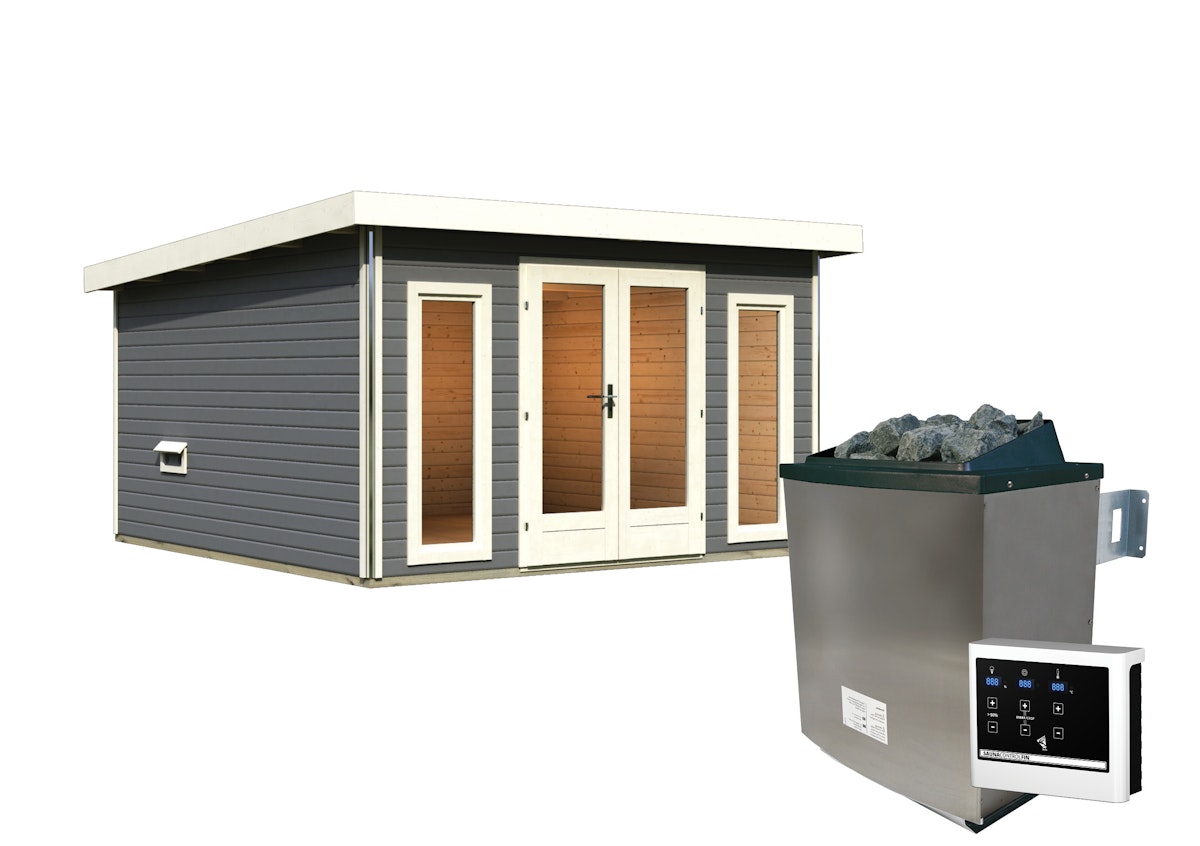 Karibu Saunahaus Mainburg 3 mit Vorraum - 38 mm terragrau Set B (Sauna B 2,25 x T 1,9 m mit 3 Liegen 57/52 cm) 9 kW Ofen inkl. Steuergerät, inkl. gratis Saunaofen im Wert von 599,99 € von Karibu