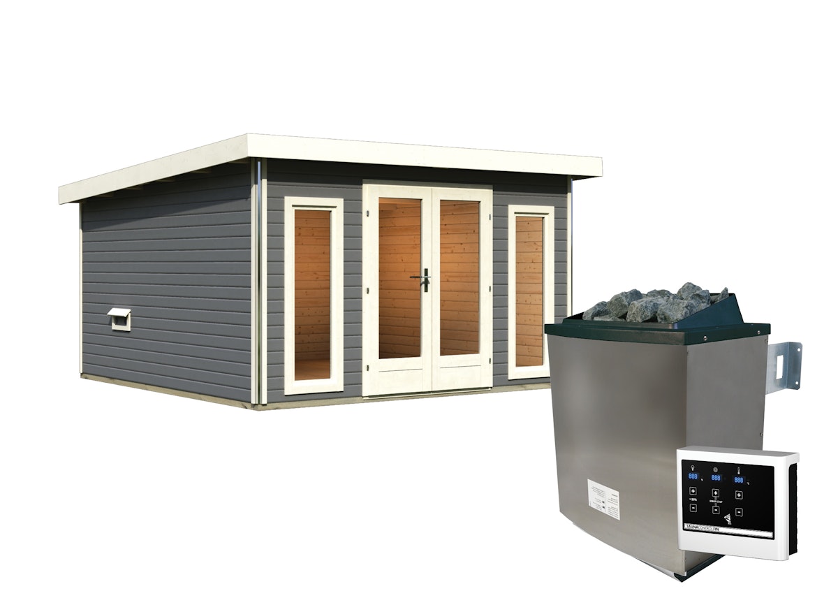 Karibu Saunahaus Mainburg 3 mit Vorraum - 38 mm terragrau Set B (Sauna B 2,25 x T 1,9 m mit 3 Liegen á 57/52 cm) 9 kW Ofen inkl. Steuergerät, inkl. 9-teiligem gratis Zubehörpaket (Gesamtwert 271,91€) von Karibu