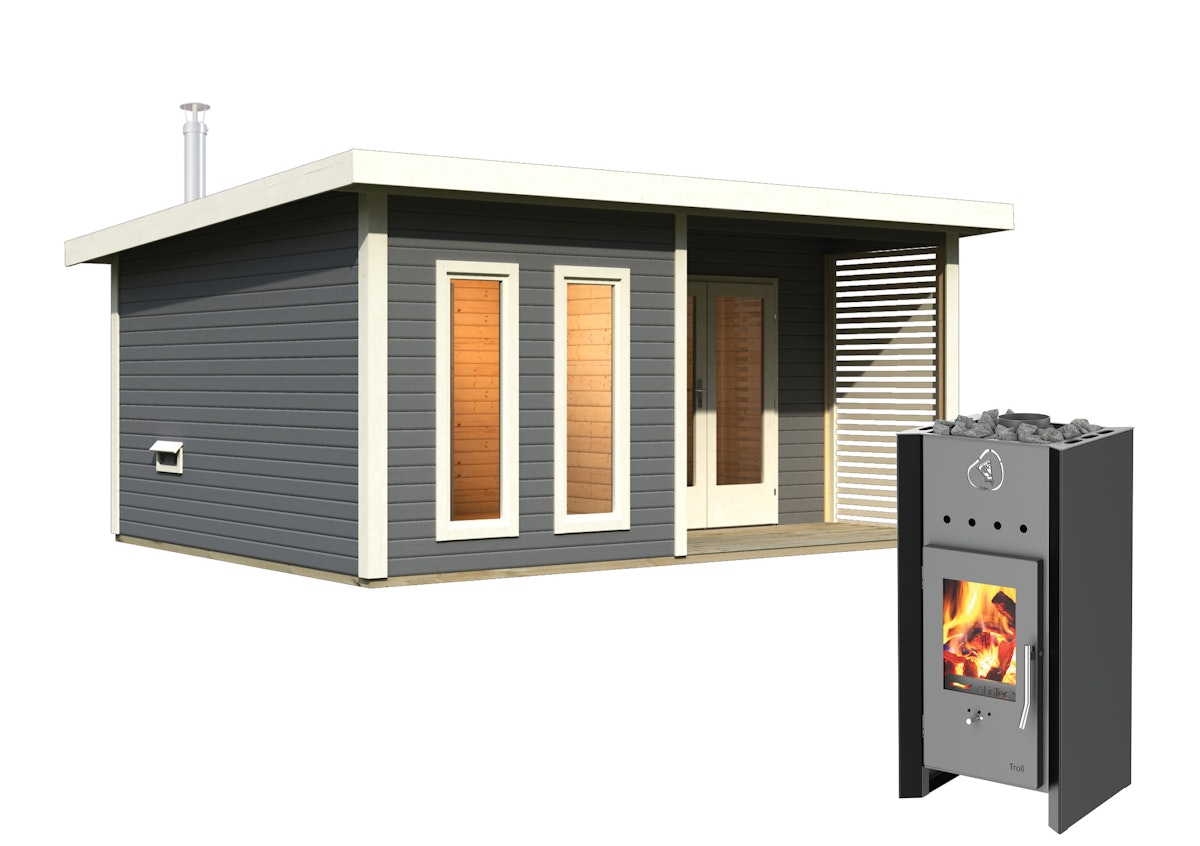 Karibu Saunahaus Mainburg 5 mit Vorraum - 38 mm terragrau Set A (Sauna B 2 x T 1,7 m mit 2 Liegen á 57 cm) inkl. Holzofen inkl. 9-teiligem gratis Zubehörpaket (Gesamtwert 271,91€) von Karibu