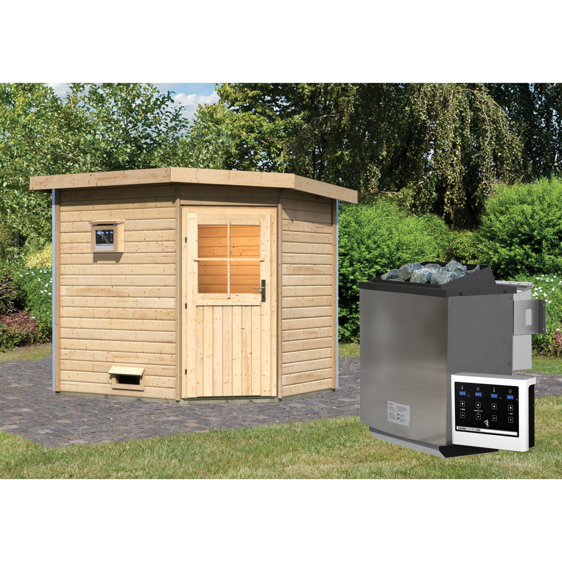 Karibu Saunahaus 'Mikka' naturbelassen mit klassischer Tür 9 kW Bio-Ofen externe Steuerung Easy 231 x 196 x 226 cm Karibu Saunahaus 'Mikka' naturbelassen mit klassischer Tür 9 kW Bio-Ofen externe Steuerung Easy 231 x 196 x 226 cm von Karibu