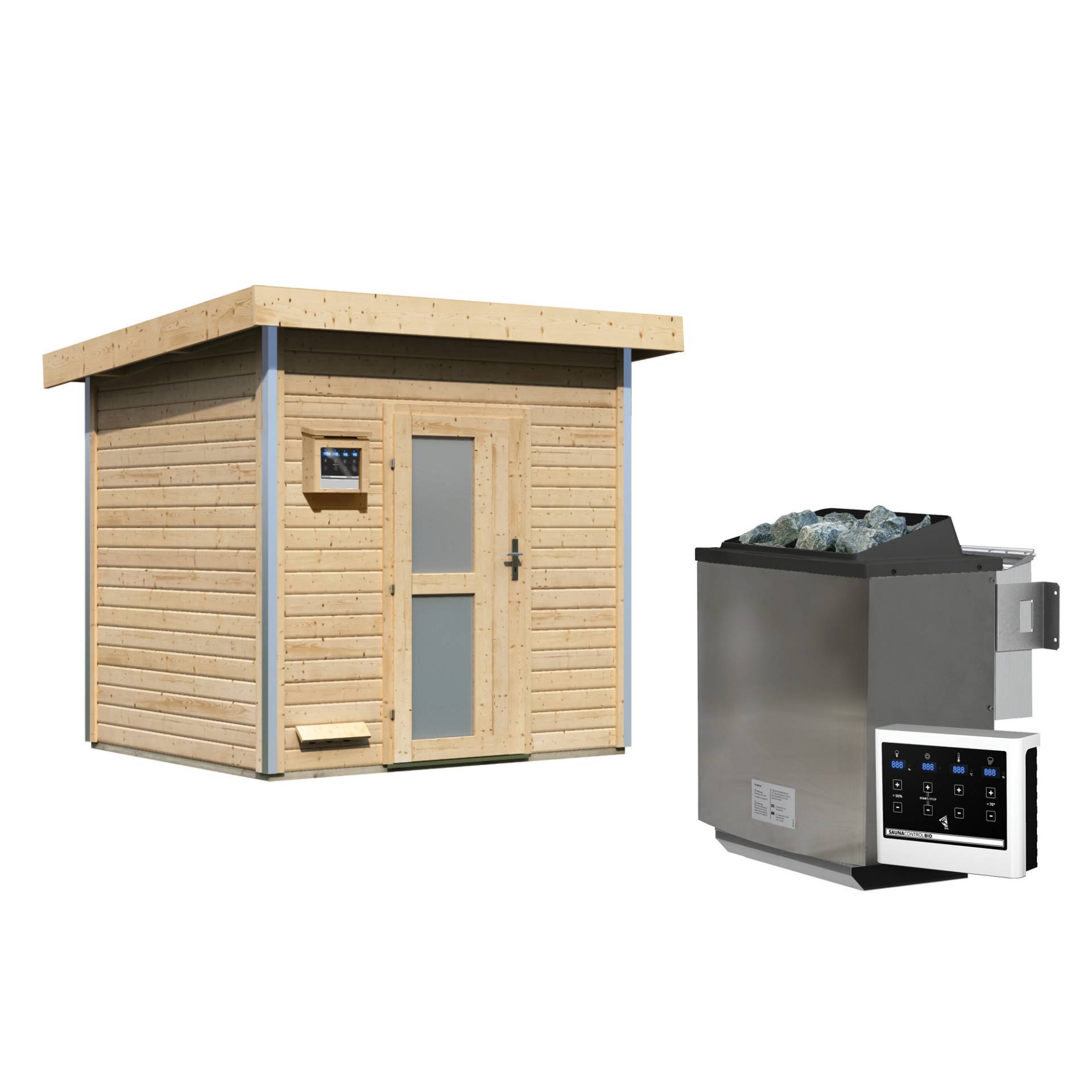 Karibu Saunahaus 'Norge' natur 9 kW Bio-Ofen, Steuerung Easy, Milchglastür 231 x 196 x 238 cm Karibu Saunahaus 'Norge' natur 9 kW Bio-Ofen, Steuerung Easy, Milchglastür 231 x 196 x 238 cm von Karibu