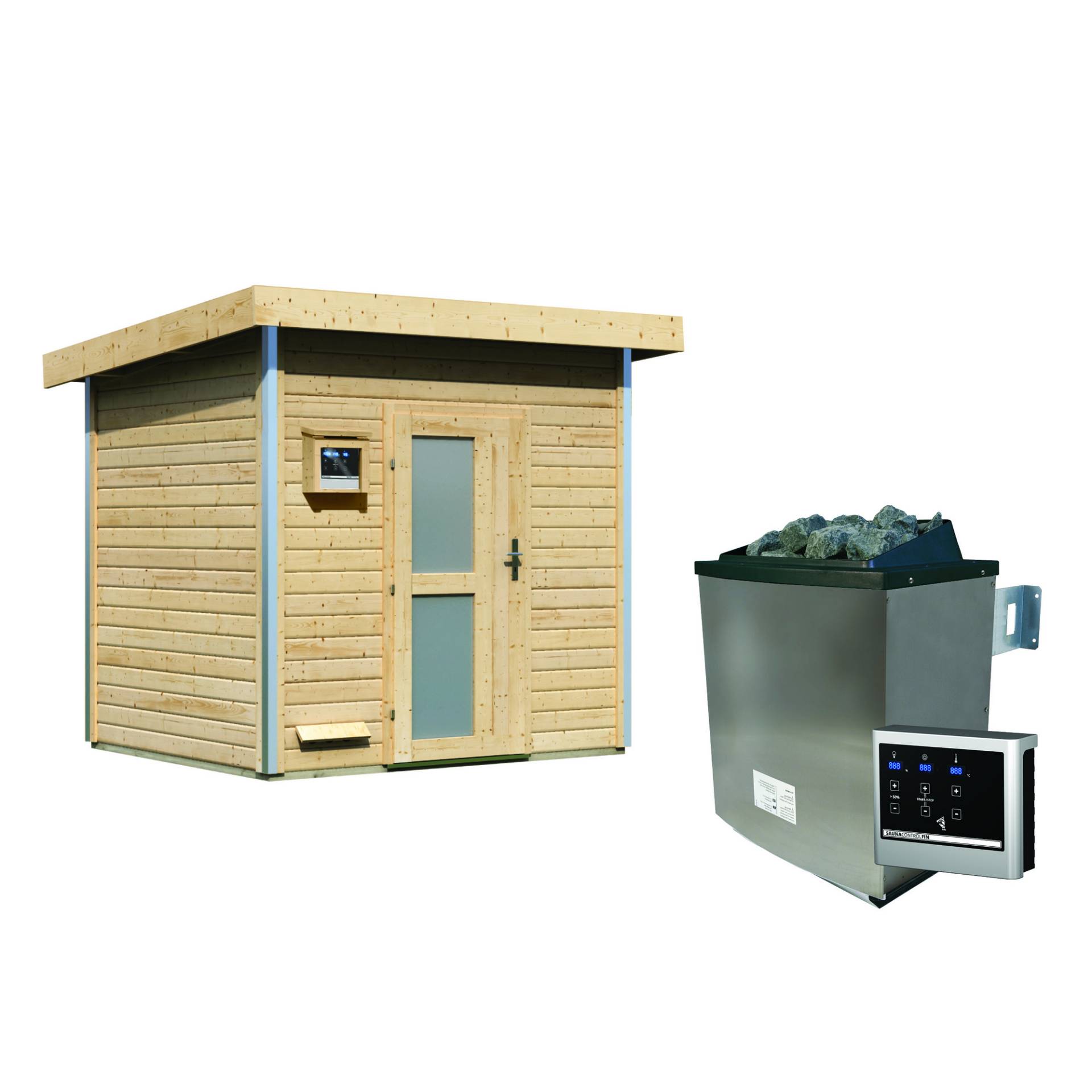Karibu Saunahaus 'Norge' natur 9 kW Ofen, Steuerung Easy, Milchglastür 231 x 196 x 238 cm Karibu Saunahaus 'Norge' natur 9 kW Ofen, Steuerung Easy, Milchglastür 231 x 196 x 238 cm von Karibu
