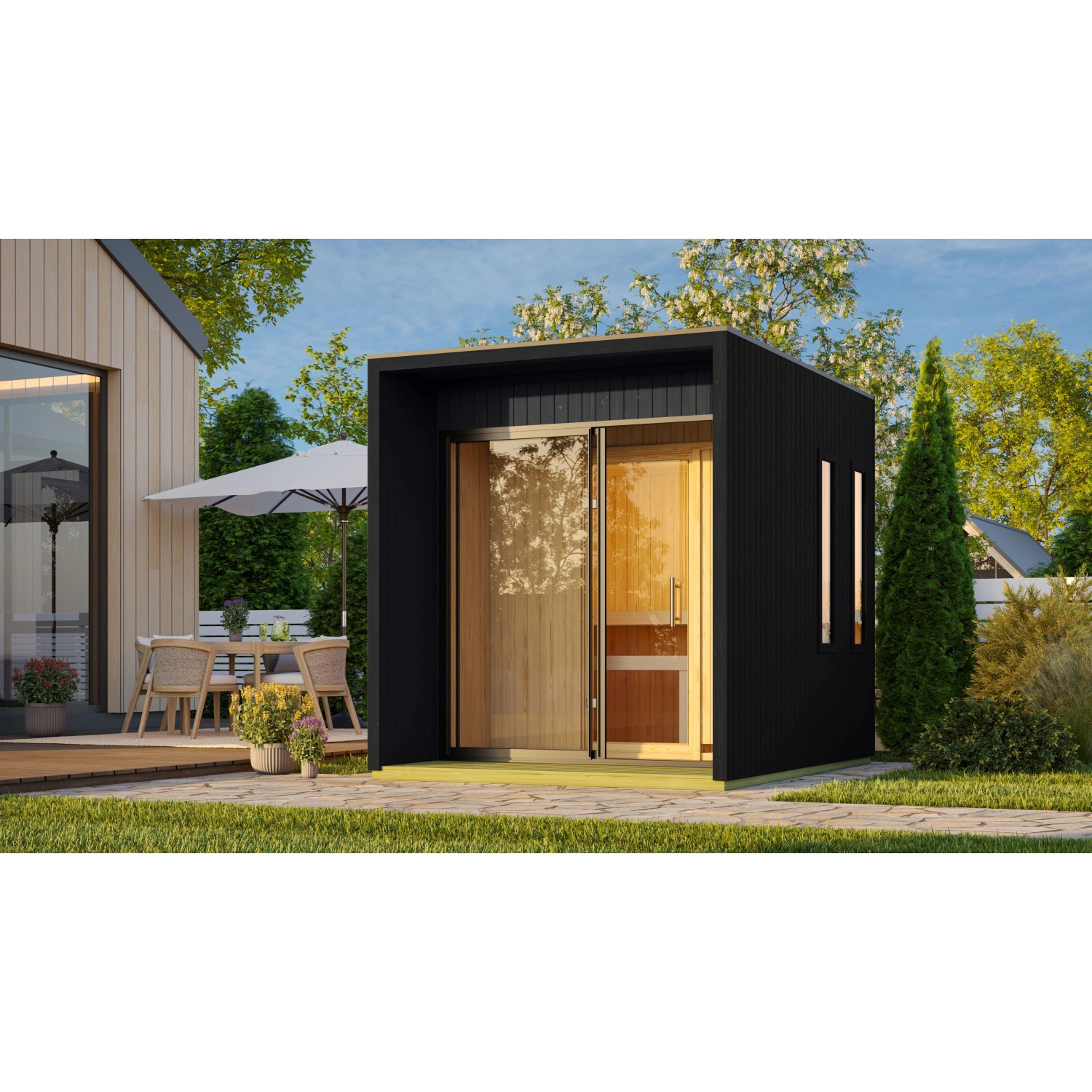 Karibu Saunahaus-Set Alassio Schwarz mit Ofen 9 kW Bio Ext. Strg. Karibu Saunahaus-Set Alassio Schwarz mit Ofen 9 kW Bio Ext. Strg. von Karibu