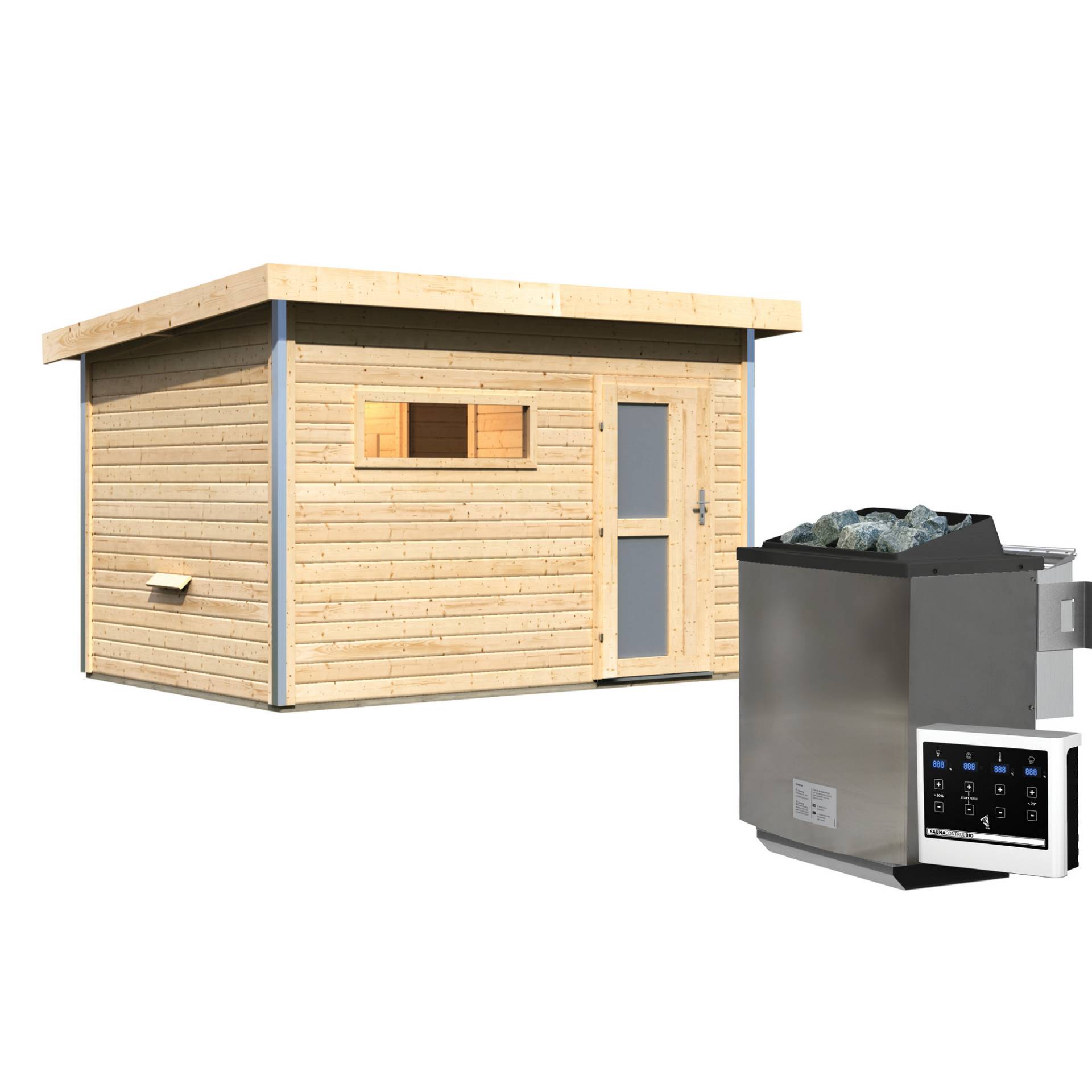 Karibu Saunahaus 'Skrollan 2' natur 9 kW Bio-Ofen, Steuerung Easy, Milchglastür, Vorraum 336 x 231 x 227 cm Karibu Saunahaus 'Skrollan 2' natur 9 kW Bio-Ofen, Steuerung Easy, Milchglastür, Vorraum 336 x 231 x 227 cm von Karibu