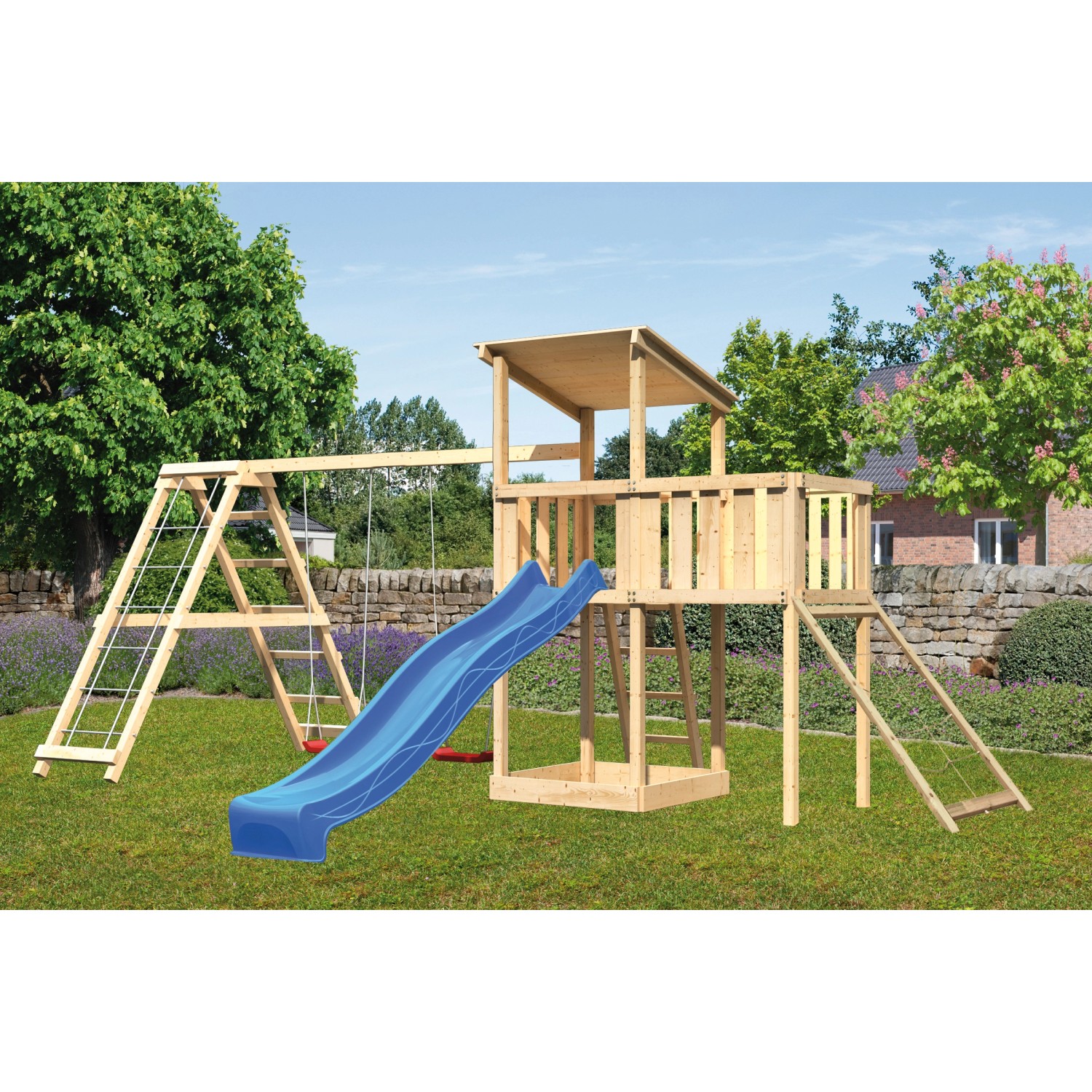 Karibu Spielturm Anna Doppelschaukel Kletterg. Plattform Netzrampe Rutsche Blau Karibu Spielturm Anna Doppelschaukel Kletterg. Plattform Netzrampe Rutsche Blau von Karibu