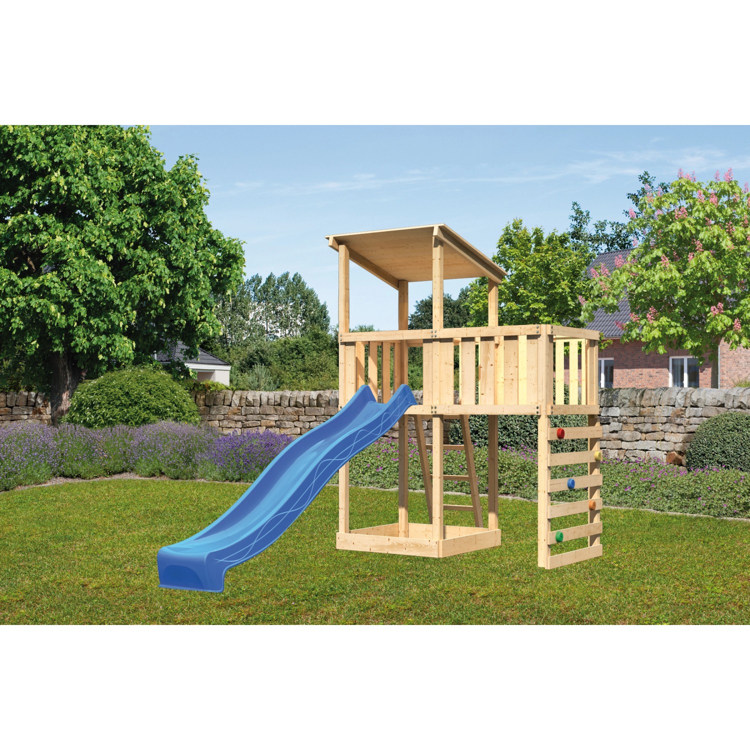 Karibu Spielturm Anna Satteldach Anbauplattform Kletterwand Rutsche Blau Karibu Spielturm Anna Satteldach Anbauplattform Kletterwand Rutsche Blau von Karibu