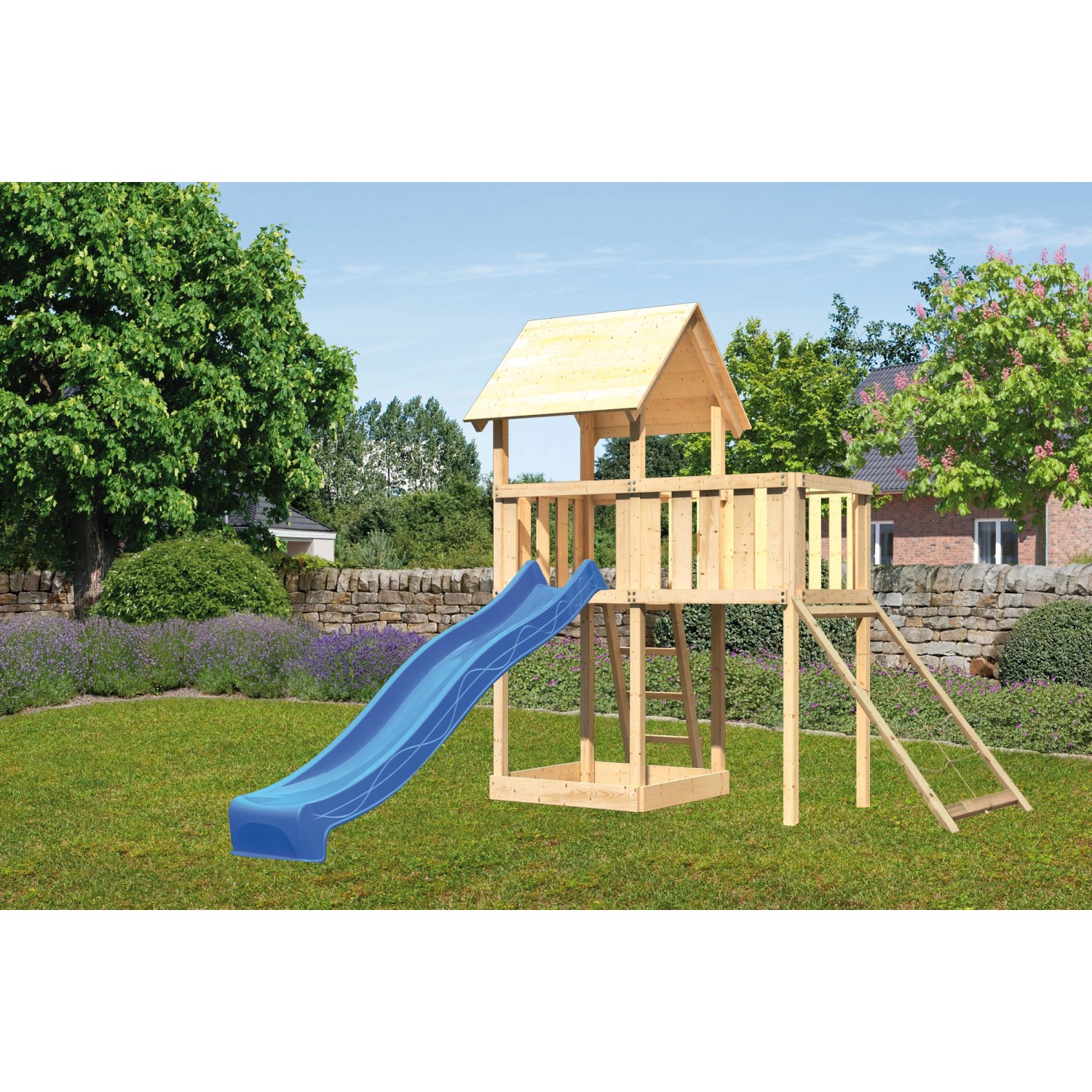 Karibu Spielturm Lotti mit Anbauplattform Netzrampe Rutsche Blau Karibu Spielturm Lotti mit Anbauplattform Netzrampe Rutsche Blau von Karibu