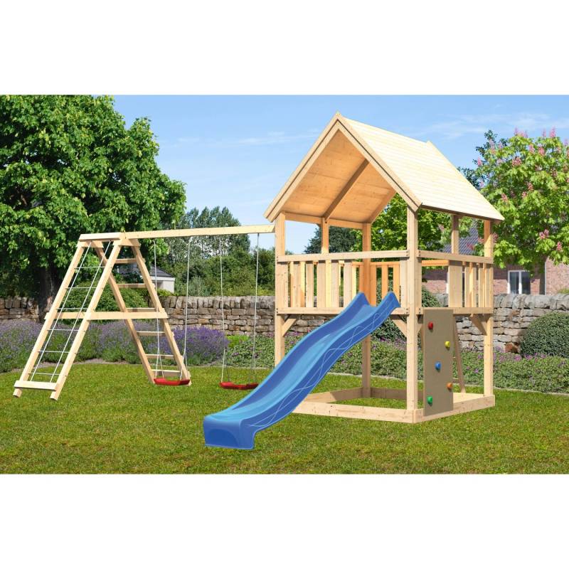 Karibu Spielturm Luis Doppelschaukel Kletterg. Kletterwand Rutsche Blau von Karibu