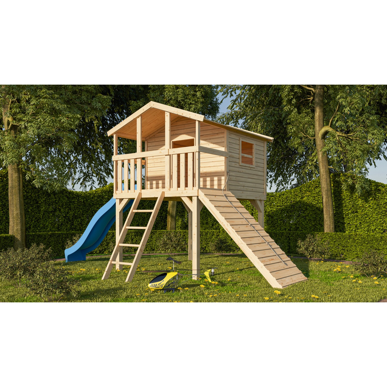 Karibu Stelzenhaus Benjamin Set Natur Holzrampe Rutsche 3 m Blau von Karibu