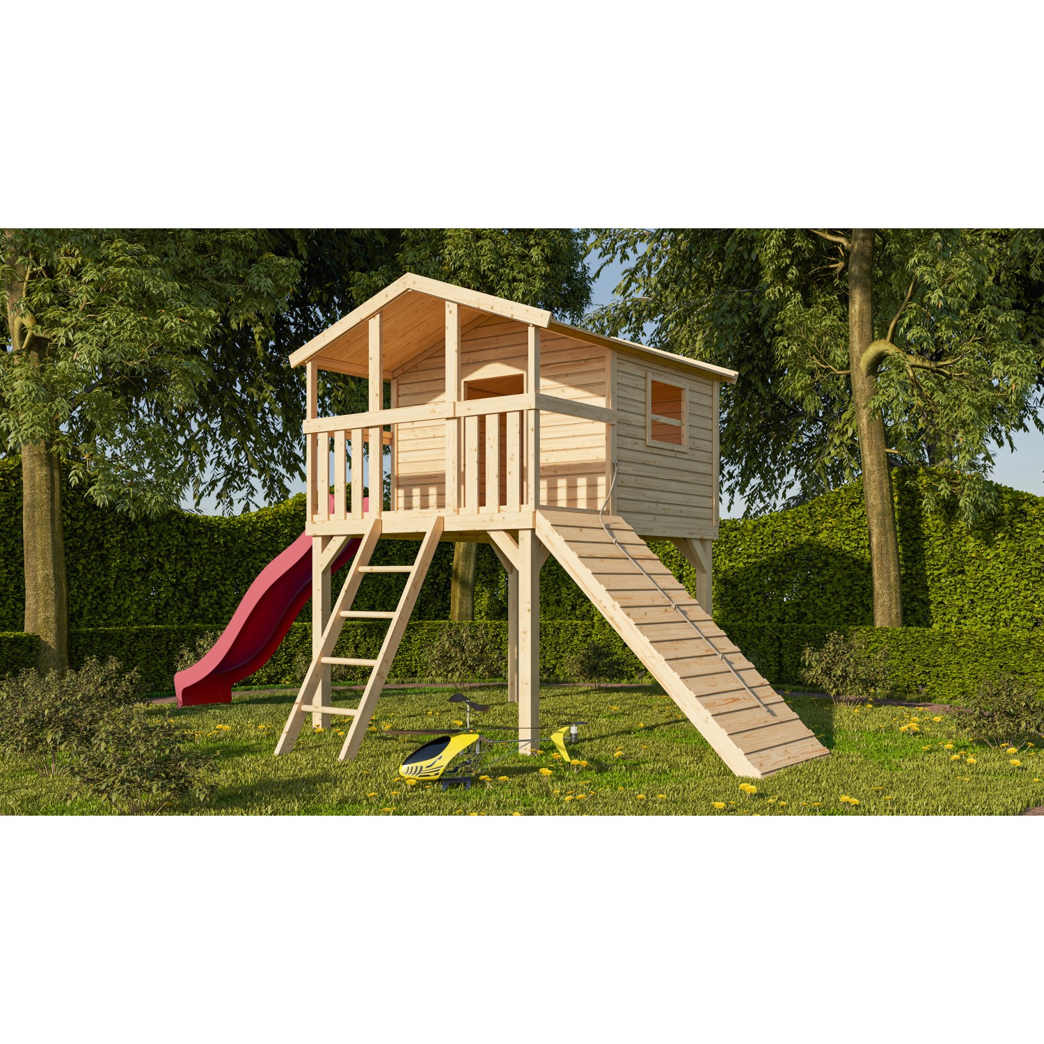 Karibu Stelzenhaus Benjamin Set Natur Holzrampe Rutsche 3 m Rot von Karibu