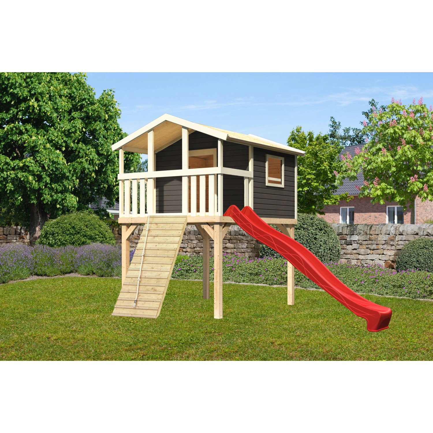 Karibu Stelzenhaus Benjamin Set Terragrau Holzrampe Rutsche 3 m Rot von Karibu