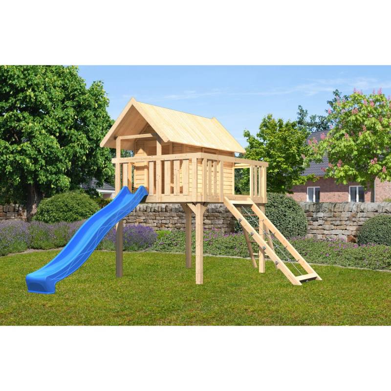 Karibu Stelzenhaus Fidel Set Natur Wellenrutsche 3 m Blau Netzrampe von Karibu