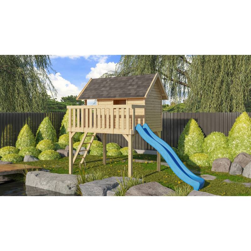 Karibu Stelzenhaus Fidel Set Natur Wellenrutsche 3 m Blau von Karibu