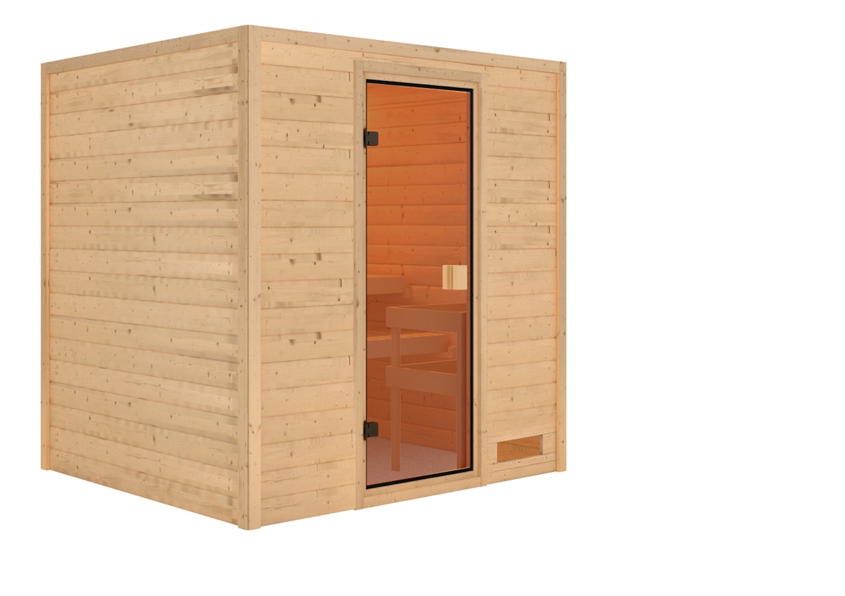 Karibu Woodfeeling Sauna Adelina - 38 mm Massivholz Aktionssauna Bronzierte Ganzglastür Ohne Dachkranz Ohne Ofen inkl. 9-teiligem gratis Zubehörpaket (Gesamtwert 271,91€) von Karibu