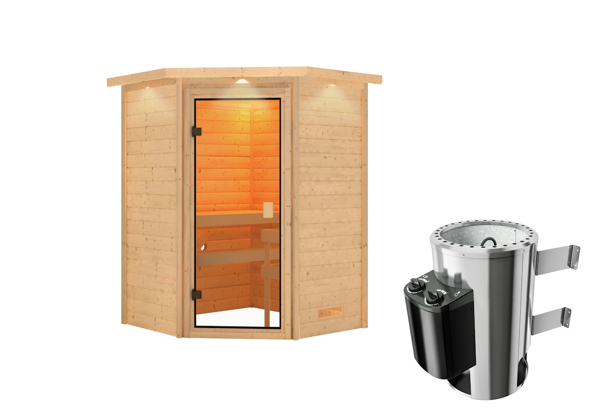 Karibu Woodfeeling Sauna Antonia - 38 mm Massivholz Aktionssauna Bronzierte Ganzglastür Inkl. Dachkranz 3,6 kW Plug&Play Ofen integr. Steuerung inkl. 9-teiligem gratis Zubehörpaket (Gesamtwert 271,91€) von Karibu