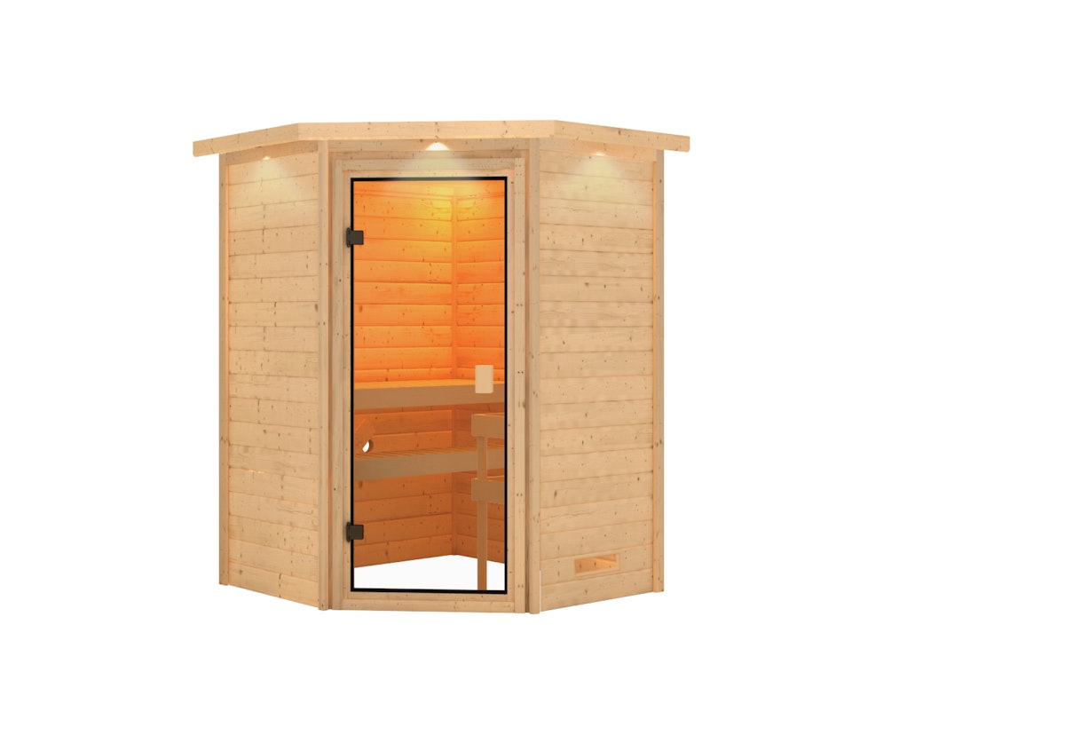 Karibu Woodfeeling Sauna Antonia - 38 mm Massivholz Aktionssauna Bronzierte Ganzglastür Inkl. Dachkranz Ohne Ofen inkl. 9-teiligem gratis Zubehörpaket (Gesamtwert 271,91€) von Karibu