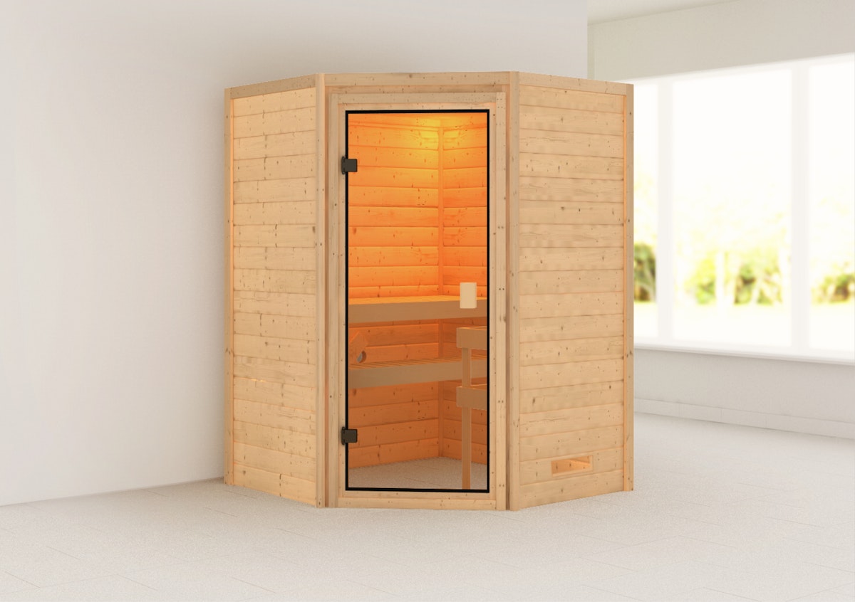 Karibu Woodfeeling Sauna Antonia - 38 mm Massivholz Aktionssauna Bronzierte Ganzglastür Ohne Dachkranz Ohne Ofen inkl. 9-teiligem gratis Zubehörpaket (Gesamtwert 271,91€) von Karibu