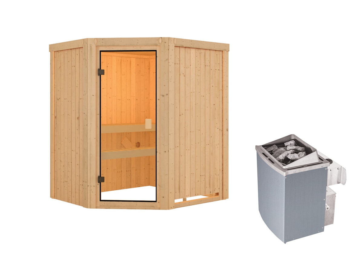 Karibu Woodfeeling Sauna Faurin - 68 mm Aktionssauna Bronzierte Ganzglastür Ohne Dachkranz 9 kW Ofen integr. Steuerung von Karibu