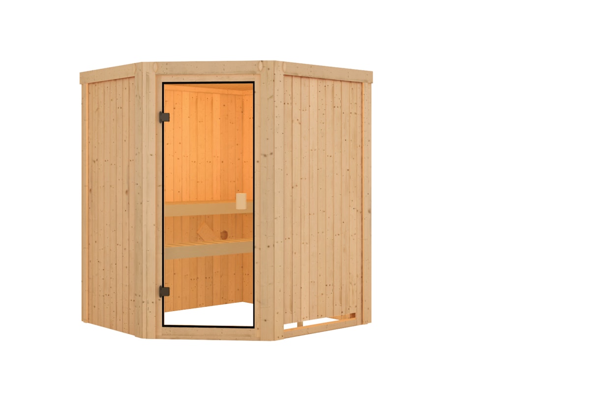 Karibu Woodfeeling Sauna Faurin - 68 mm Aktionssauna Bronzierte Ganzglastür Ohne Dachkranz Ohne Ofen inkl. 9-teiligem gratis Zubehörpaket (Gesamtwert 271,91€) von Karibu