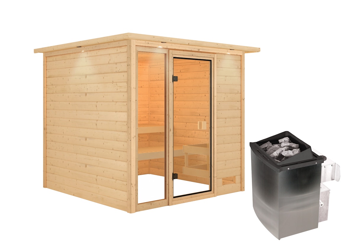 Karibu Woodfeeling Sauna Jutta - 38 mm Bronzierte Ganzglastür Inkl. Dachkranz 9 kW Ofen integr. Steuerung von Karibu