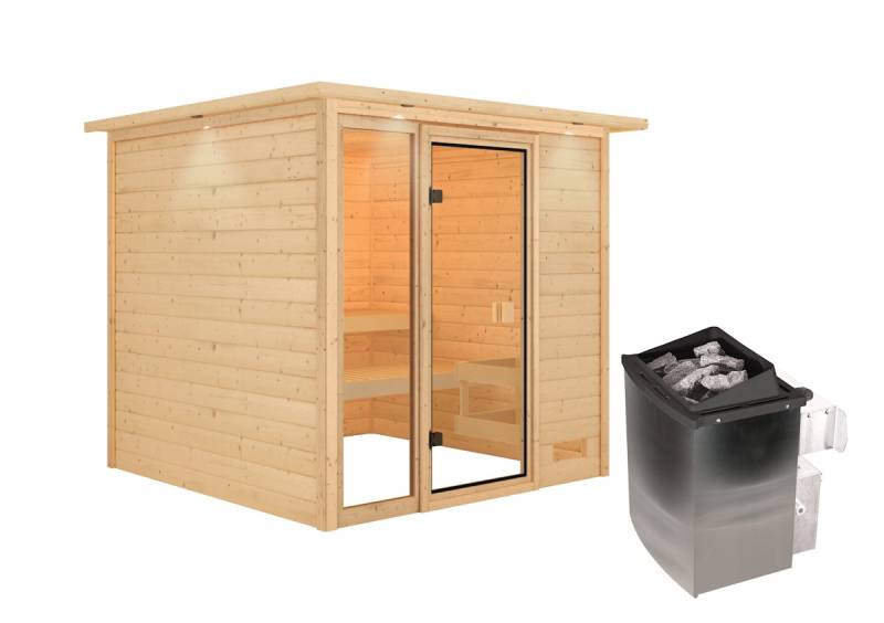 Karibu Woodfeeling Sauna Jutta - 38 mm Bronzierte Ganzglastür Inkl. Dachkranz 9 kW Ofen integr. Steuerung von Karibu