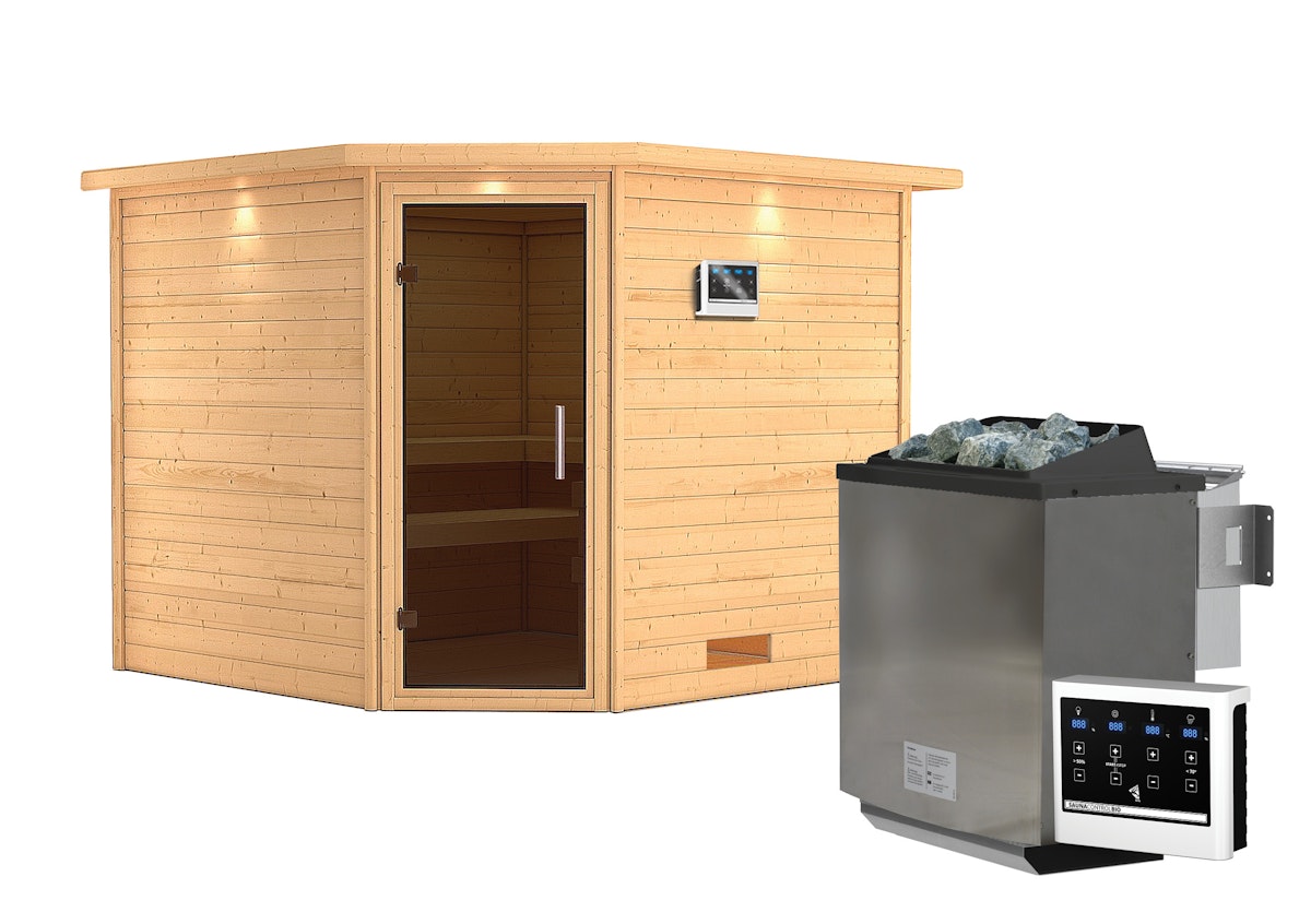 Karibu Woodfeeling Sauna Leona - 38 mm Massivholz-Inkl. Dachkranz-Ganzglastür in Graphit-Optik-9 kW Bio-Kombiofen inkl. Steuergerät inkl. 9-teiligem gratis Zubehörpaket (Gesamtwert 271,91€) von Karibu