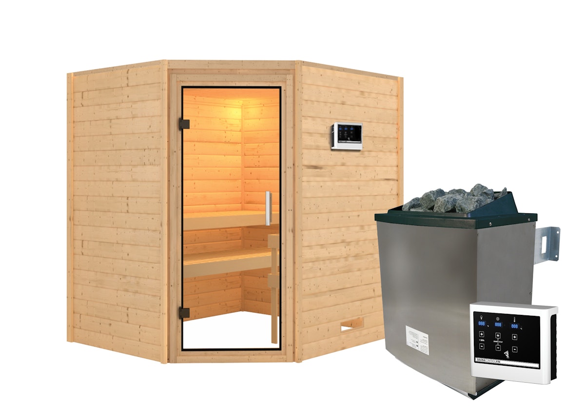 Karibu Woodfeeling Sauna Mia - 38 mm -Ohne Dachkranz-Klarglas Ganzglastür-9 kW Ofen integr. Steuerung Karibu Woodfeeling Sauna Mia - 38 mm -Ohne Dachkranz-Klarglas Ganzglastür-9 kW Ofen integr. Steuerung von Karibu