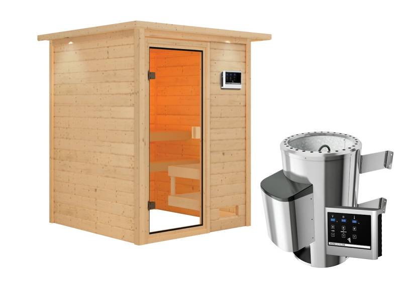 Karibu Woodfeeling Sauna Sandra - 38 mm Massivholz Aktionssauna Bronzierte Ganzglastür Inkl. Dachkranz 3,6 kW Plug&Play Ofen inkl. Steuergerät inkl. 9-teiligem gratis Zubehörpaket (Gesamtwert 271,91€) von Karibu