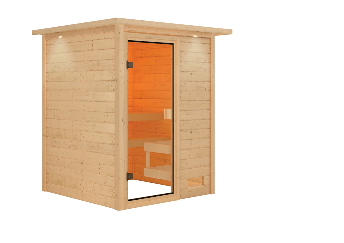 Karibu Woodfeeling Sauna Sandra - 38 mm Massivholz Aktionssauna Bronzierte Ganzglastür Inkl. Dachkranz Ohne Ofen inkl. 9-teiligem gratis Zubehörpaket (Gesamtwert 271,91€) von Karibu