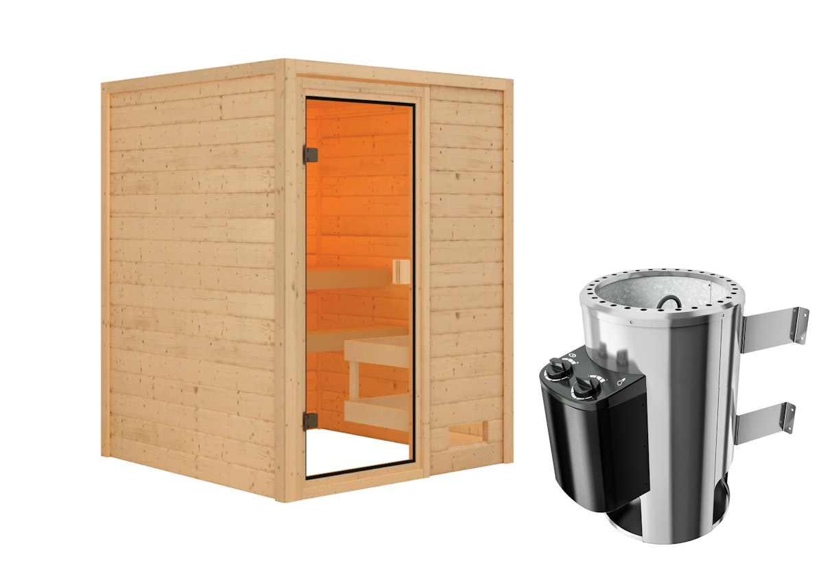 Karibu Woodfeeling Sauna Sandra - 38 mm Massivholz Aktionssauna Bronzierte Ganzglastür Ohne Dachkranz 3,6 kW Plug&Play Ofen integr. Steuerung inkl. 9-teiligem gratis Zubehörpaket (Gesamtwert 271,91€) von Karibu