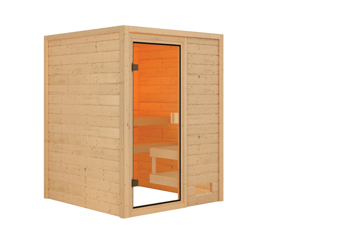 Karibu Woodfeeling Sauna Sandra - 38 mm Massivholz Aktionssauna Bronzierte Ganzglastür Ohne Dachkranz Ohne Ofen inkl. 9-teiligem gratis Zubehörpaket (Gesamtwert 271,91€) von Karibu